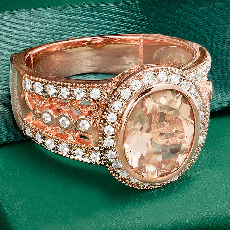 2.30 Carat Morganite and .40 ct. t.w. White Zircon Ring in 18kt Rose Gold Over Sterling image number 4