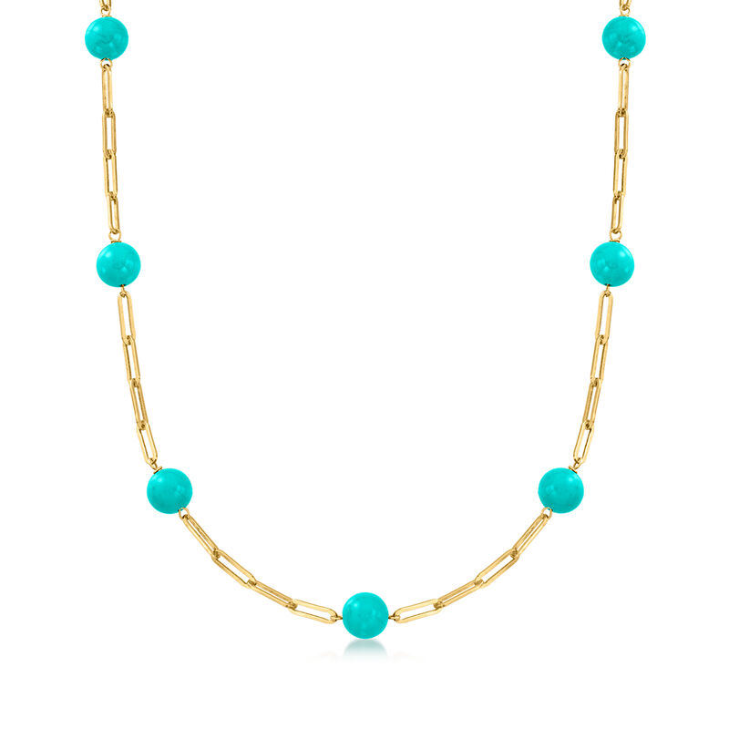 8mm Turquoise Bead Paper Clip Link Necklace in 18kt Gold Over Sterling image number 0