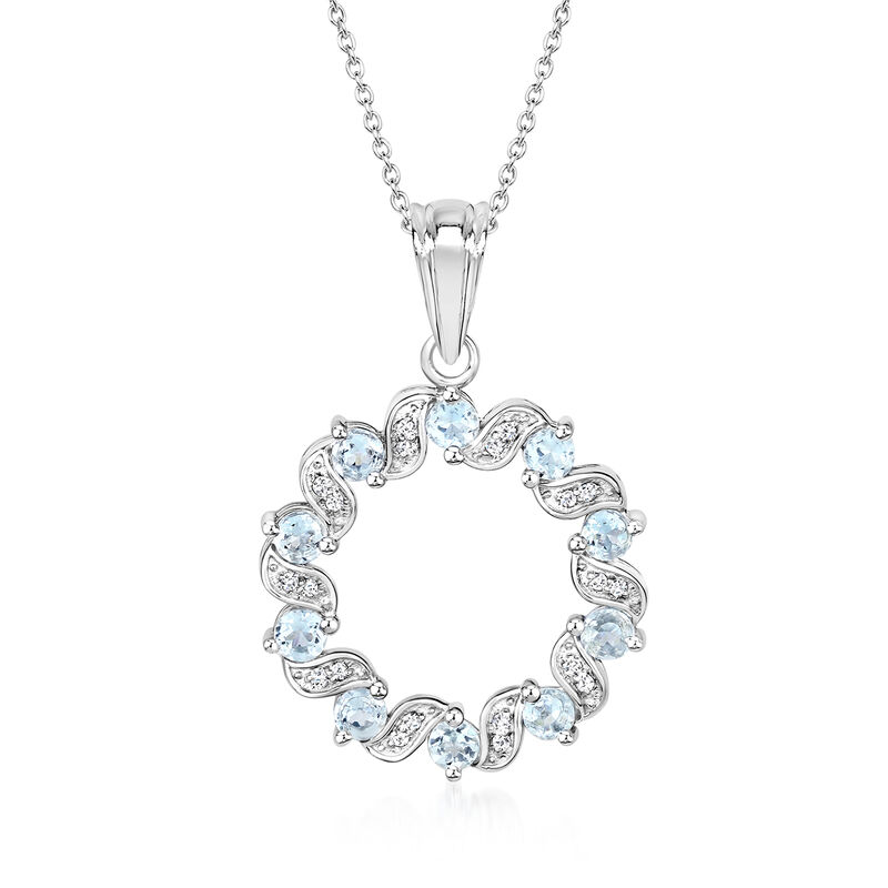 .90 ct. t.w. Aquamarine and .10 ct. t.w. White Topaz Open-Space Circle Pendant Necklace in Sterling Silver. 18&quot; image number 0