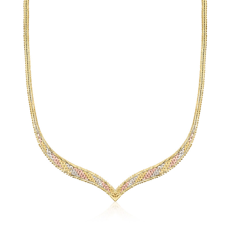 C. 1980 Vintage 14kt Tri-Colored Gold Basketweave V-Shaped Necklace. 16&quot; image number 0