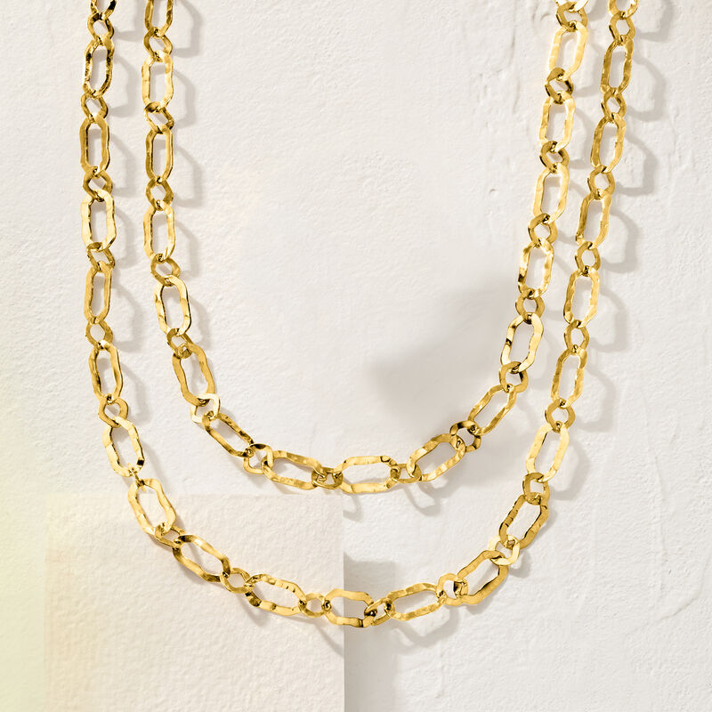 Italian 18kt Gold Over Sterling Hammered and Polished Flat-Oval Link Layered Necklace. 18&quot; image number 2