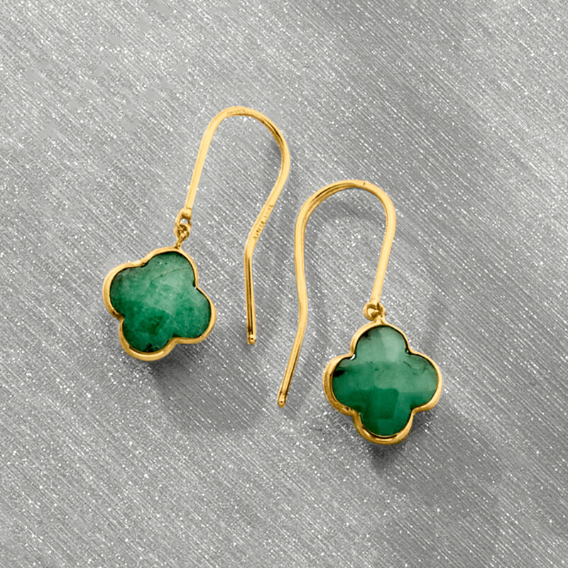 Italian 3.60 ct. t.w. Emerald Clover-Shaped  Drop Earrings in 14kt Yellow Gold image number 2
