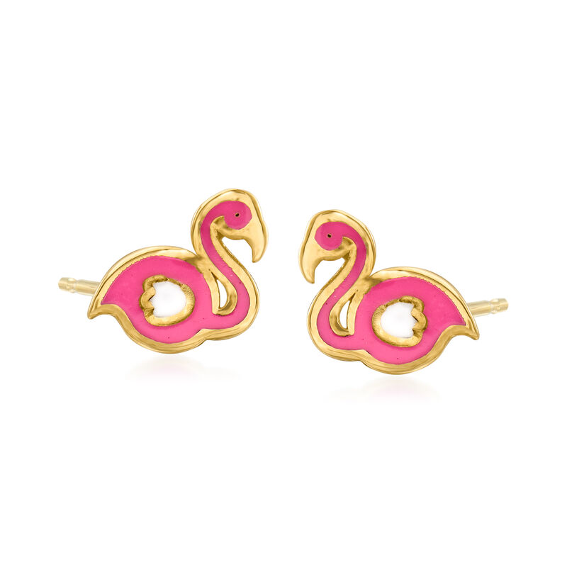 14kt Yellow Gold Flamingo Stud Earrings with Multicolored Enamel image number 0