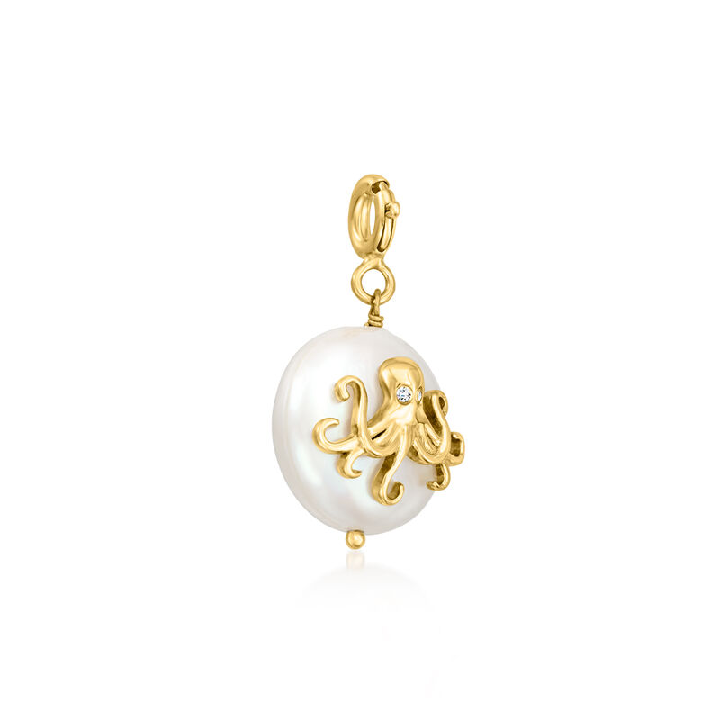 6-13mm Cultured Coin Pearl and 18kt Gold Over Sterling Octopus Charm with White Topaz  image number 3