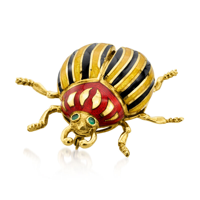 C. 1960 Vintage 14kt Yellow Gold Beetle Pin with Green Chalcedony and Multicolored Enamel  image number 2