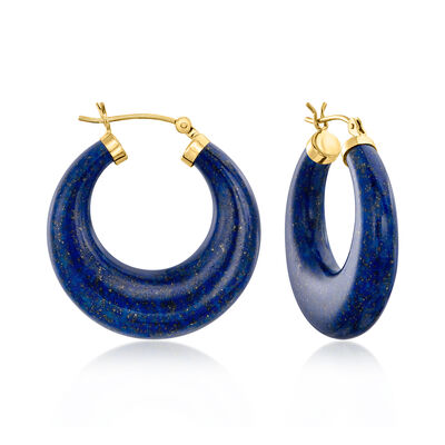 C. 1980 Vintage Lapis Hoop Earrings with 14kt Yellow Gold