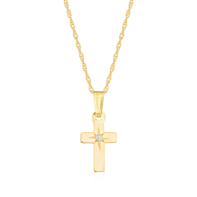 Baby's 14kt Yellow Gold Cross Pendant Necklace with Single Diamond. 13&quot; image number 0