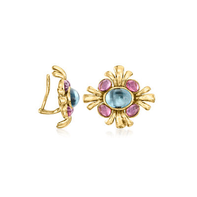 C. 1960 Vintage 6.00 ct. t.w. Sky Blue Topaz and 5.20 ct. t.w. Pink Tourmaline Clip-On Earrings in 18kt Yellow Gold