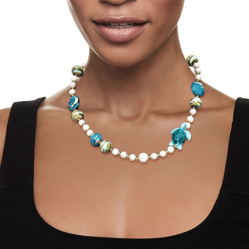 Italian Multicolored Murano Glass Turtle and Bead Necklace with 6-11mm Cultured Pearls in 18kt Gold Over Sterling. 18&quot; image number 0