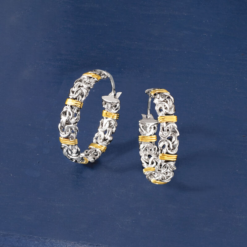 Sterling Silver and 14kt Yellow Gold Byzantine Station Hoop Earrings. 1&quot; image number 2