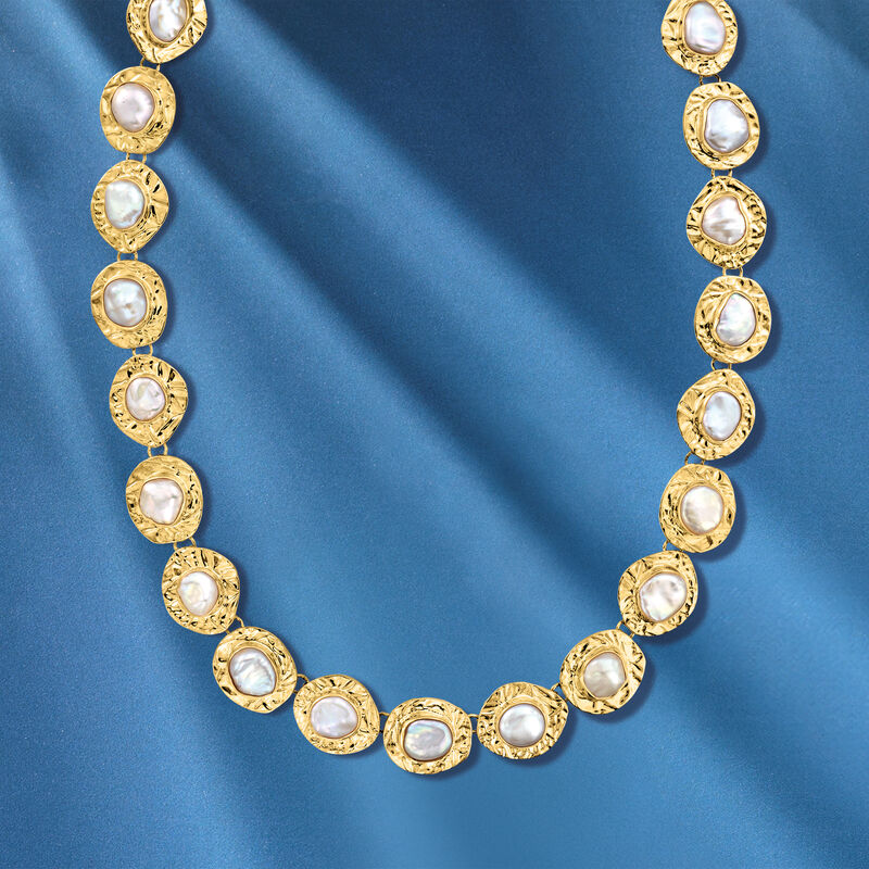 10x12mm Bezel-Set Cultured Baroque Pearl Disc Necklace in 18kt Gold Over Sterling image number 3