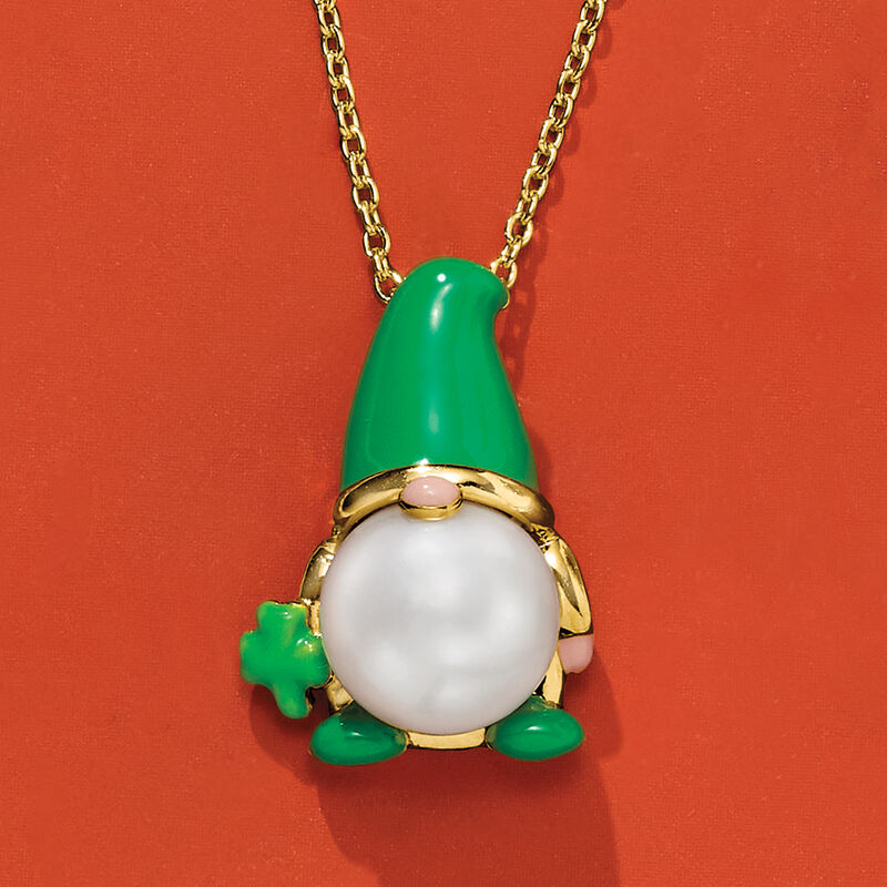 9-9.5mm Cultured Pearl and Green Enamel Leprechaun Gnome Pendant Necklace in 18kt Gold Over Sterling image number 2