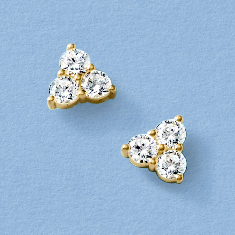 1.30 ct. t.w. CZ Three-Stone Earrings in 18kt Gold Over Sterling  image number 2