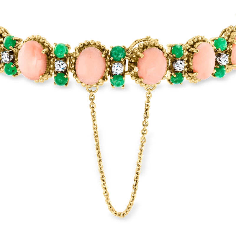 C. 1960 Vintage Coral and 4.00 ct. t.w. Emerald Bracelet with 1.00 ct. t.w. Diamonds in 14kt Yellow Gold image number 2
