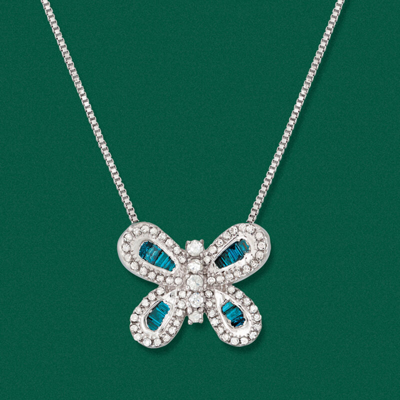 .50 ct. t.w. Blue and White Diamond Butterfly Necklace in Sterling Silver image number 2