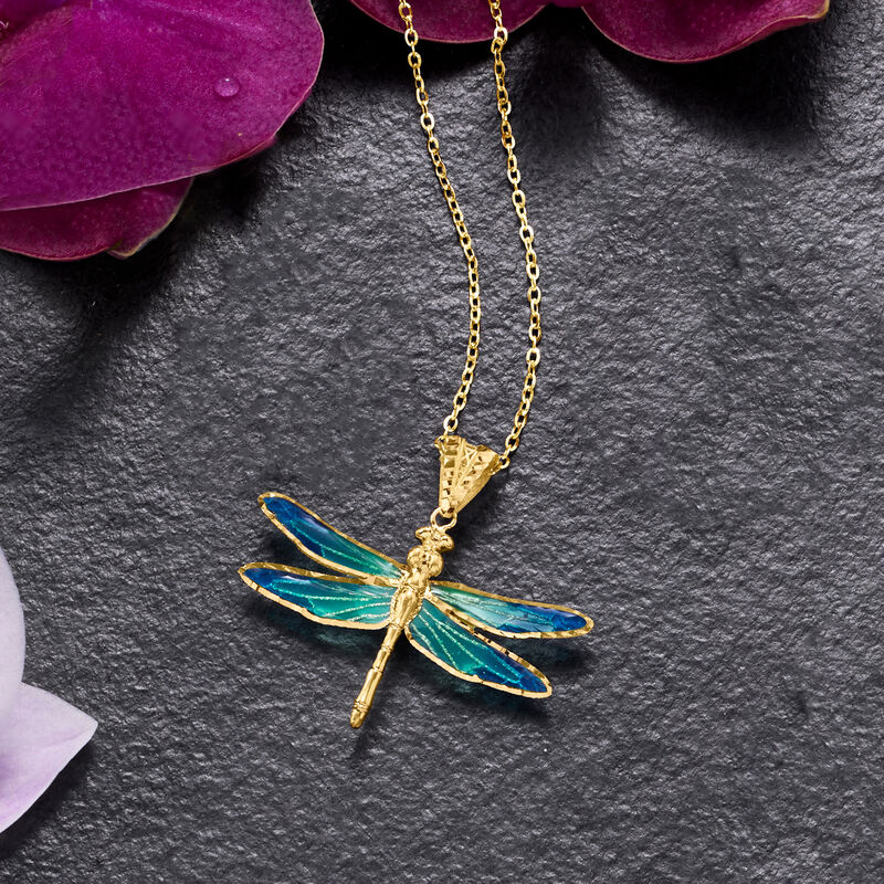 Italian Tonal Blue Enamel and 18kt Yellow Gold Dragonfly Pendant Necklace image number 2