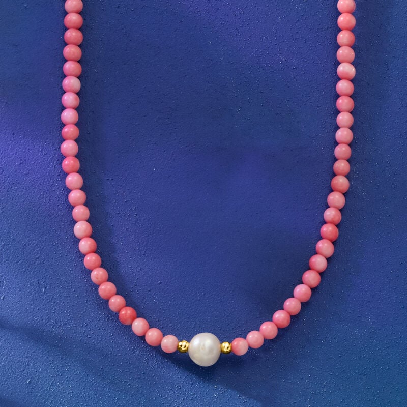 8.5-9mm Cultured Pearl and 4mm Pink Coral Bead Necklace with 18kt Gold Over Sterling image number 3