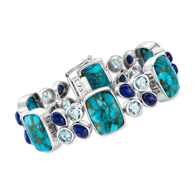 Turquoise Bracelet with Lapis and 12.00 ct. t.w. Sky Blue Topaz in Sterling Silver
