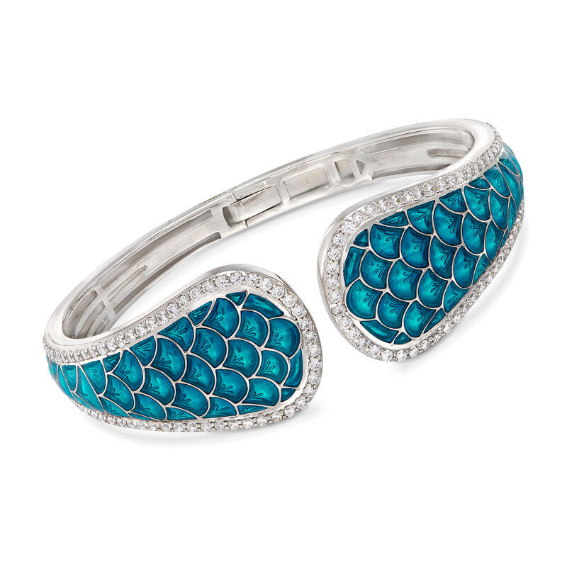Belle Etoile &quot;Marina&quot; Sea-Blue Enamel and 3.15 ct. t.w. CZ Cuff Bracelet in Sterling Silver. 7&quot; image number 0