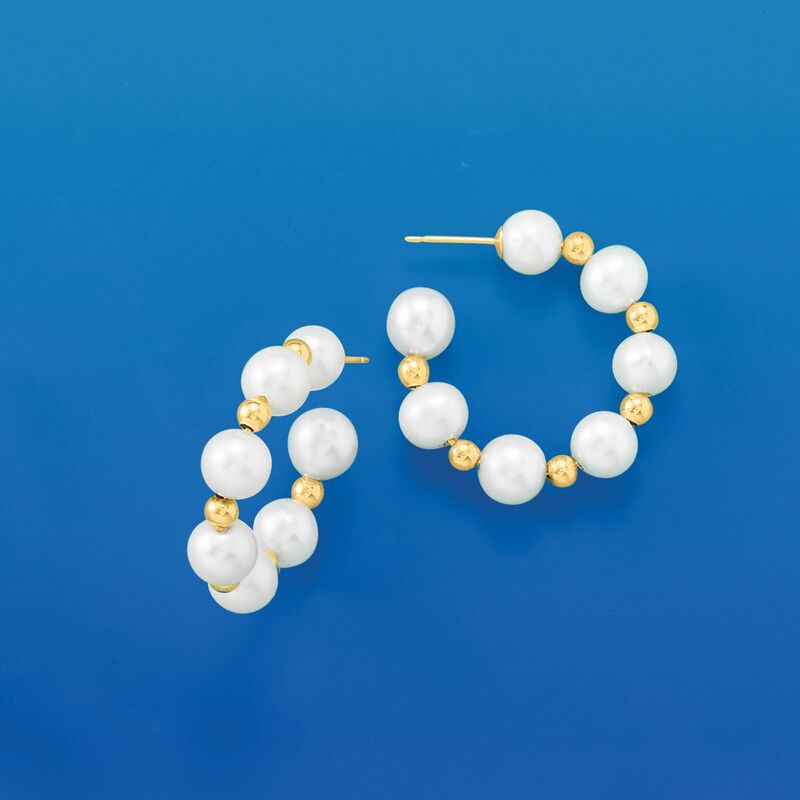 6-7mm Cultured Pearl Hoop Earrings in 14kt Yellow Gold. 1&quot; image number 2