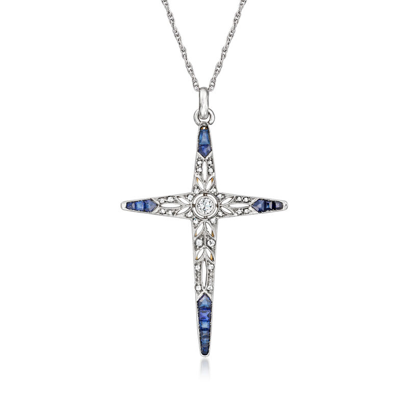 C. 1930 Vintage .40 ct. t.w. Sapphire and .20 ct. t.w. Diamond Cross Pendant Necklace in 18kt Yellow Gold and Platinum image number 0