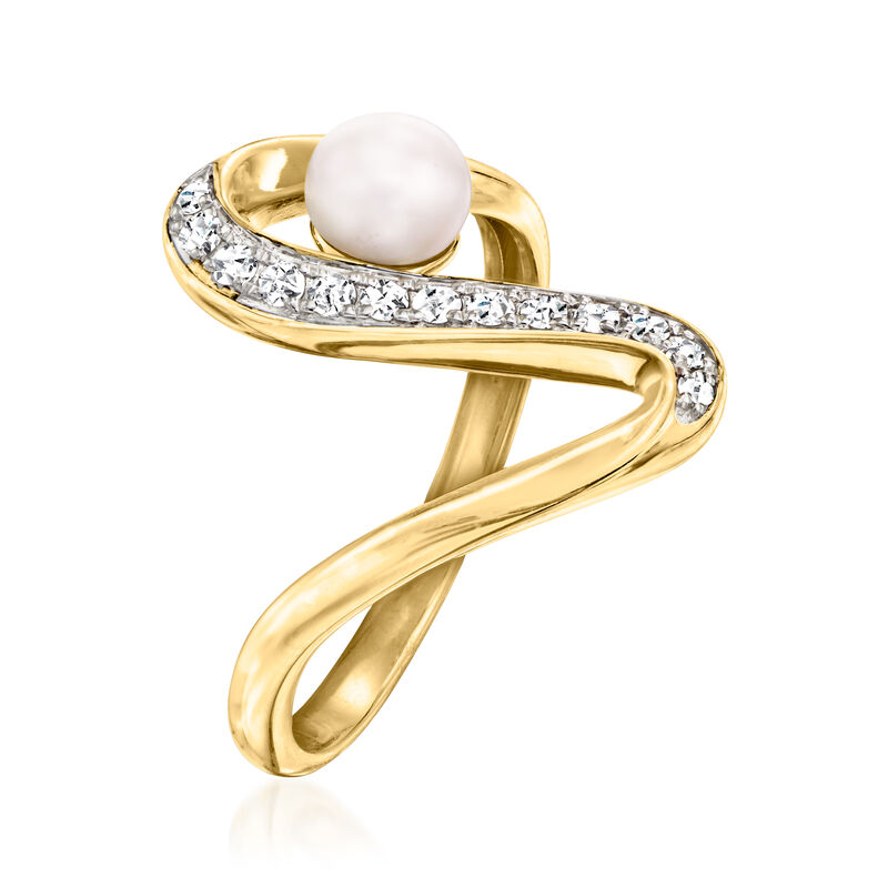 5-5.5mm Cultured Pearl and .15 ct. t.w. Diamond Swirl Ring in 18kt Gold Over Sterling image number 2