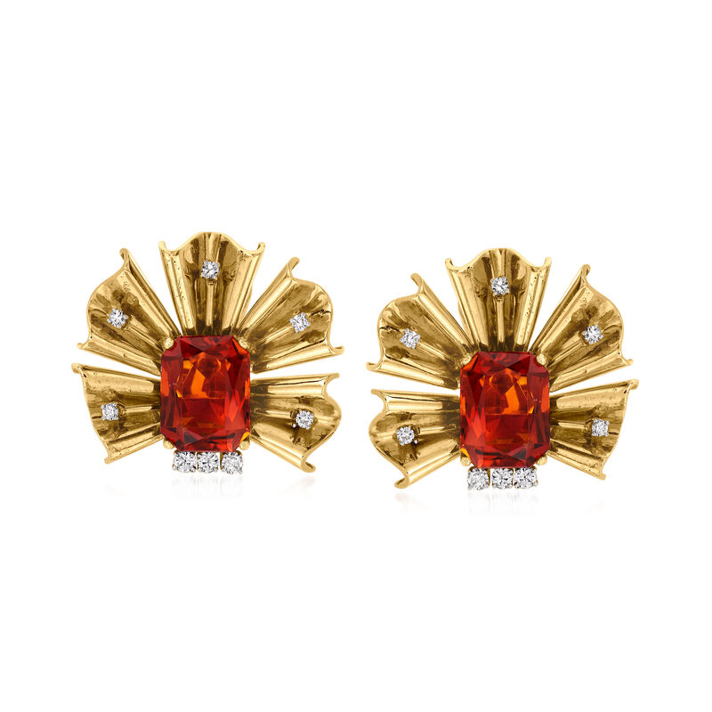 C. 1960 Vintage 14.80 ct. t.w. Citrine and 1.00 ct. t.w. Diamond Fan Clip-On Earrings in 14kt Yellow Gold image number 0