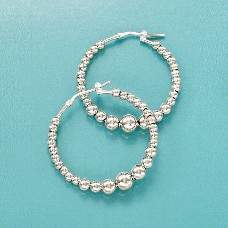 Italian Sterling Silver Beaded Hoop Earrings image number 2