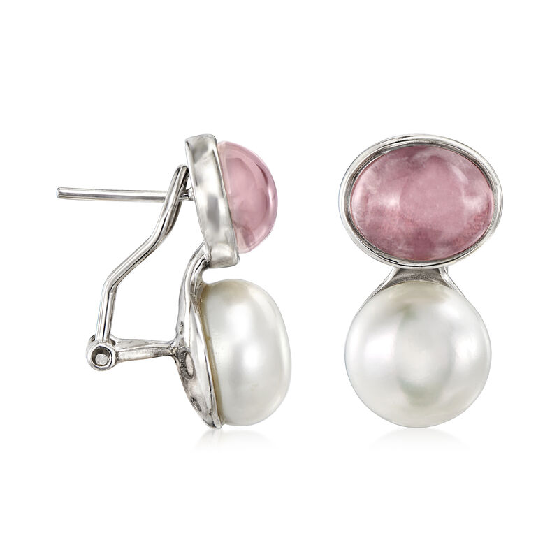 14.00 ct. t.w. Rose Quartz and 14-14.5mm Cultured Pearl Earrings in Sterling Silver image number 2