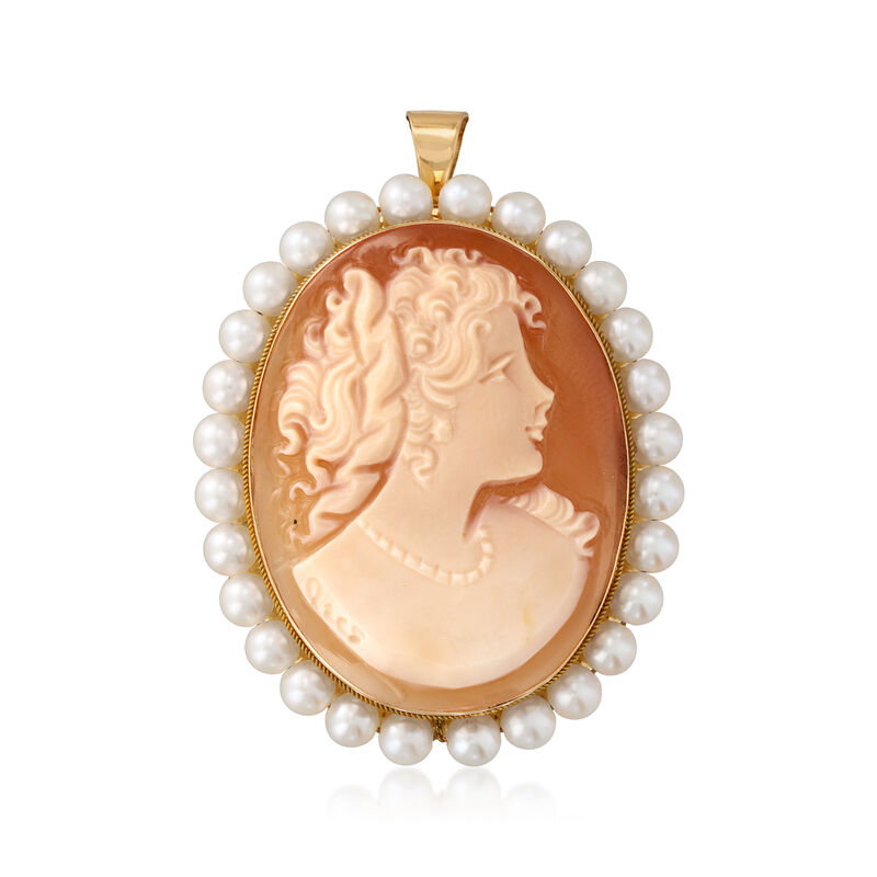 C. 1980 Vintage 3.5mm Cultured Pearl and 30x22mm Pink Shell Cameo Pin/Pendant in 14kt Yellow Gold image number 0