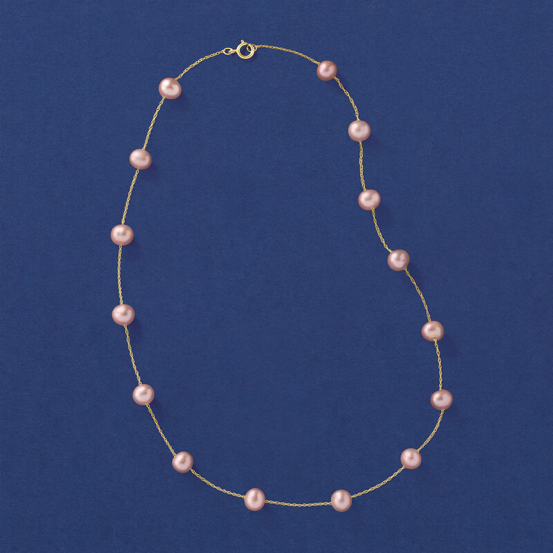 6-6.5mm Pink Cultured Pearl Station Necklace in 14kt Yellow Gold image number 3