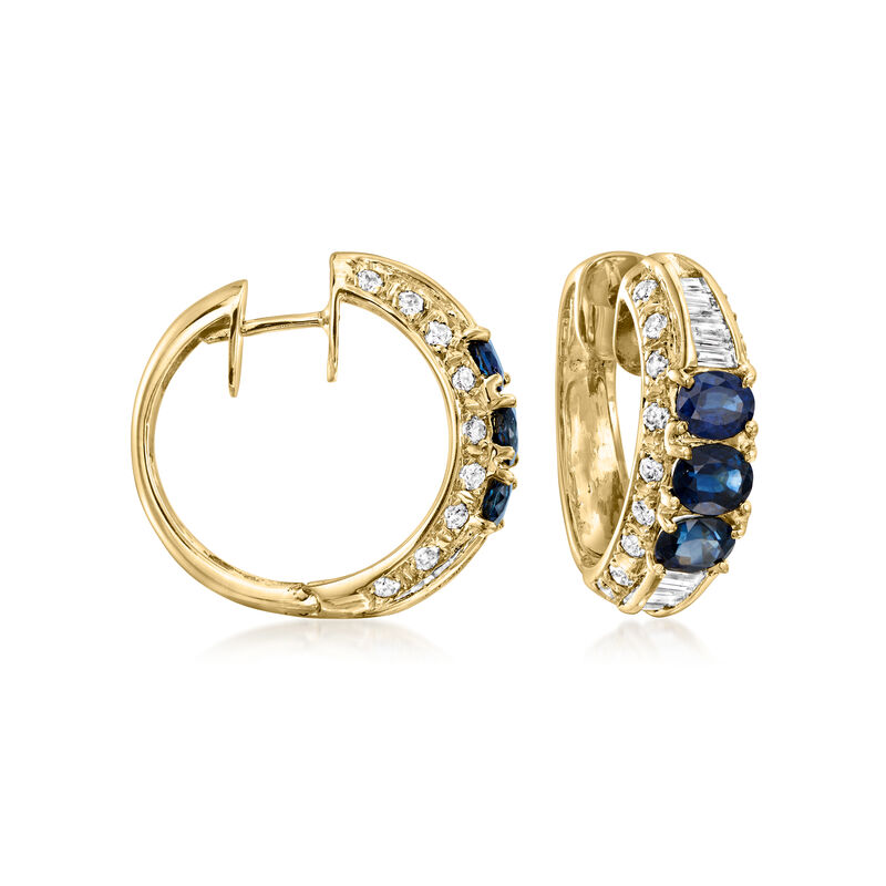 C. 1990 Vintage 2.10 ct. t.w. Sapphire and 1.25 ct. t.w. Diamond Hoop Earrings in 18kt Yellow Gold image number 0