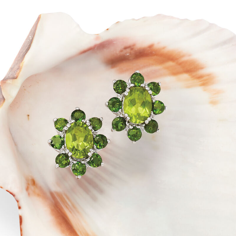 2.90 ct. t.w. Peridot and 2.00 ct. t.w. Chrome Diopside Halo Earrings in Sterling Silver  image number 3