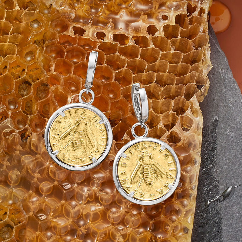 Italian Replica Lira Bumblebee Coin Drop Earrings in Sterling Silver and 18kt Gold Over Sterling  image number 3