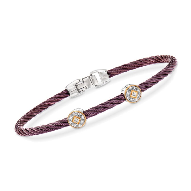 ALOR &quot;Shades of Alor&quot; Burgundy Stainless Steel Cable Bracelet with Diamond Accents and 18kt Yellow and White Gold. 7&quot; image number 0