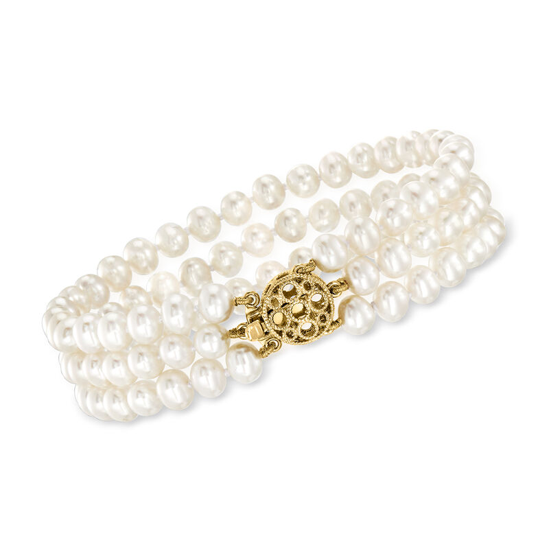 5-5.5mm Cultured Pearl Three-Strand Bracelet with 14kt Yellow Gold image number 0
