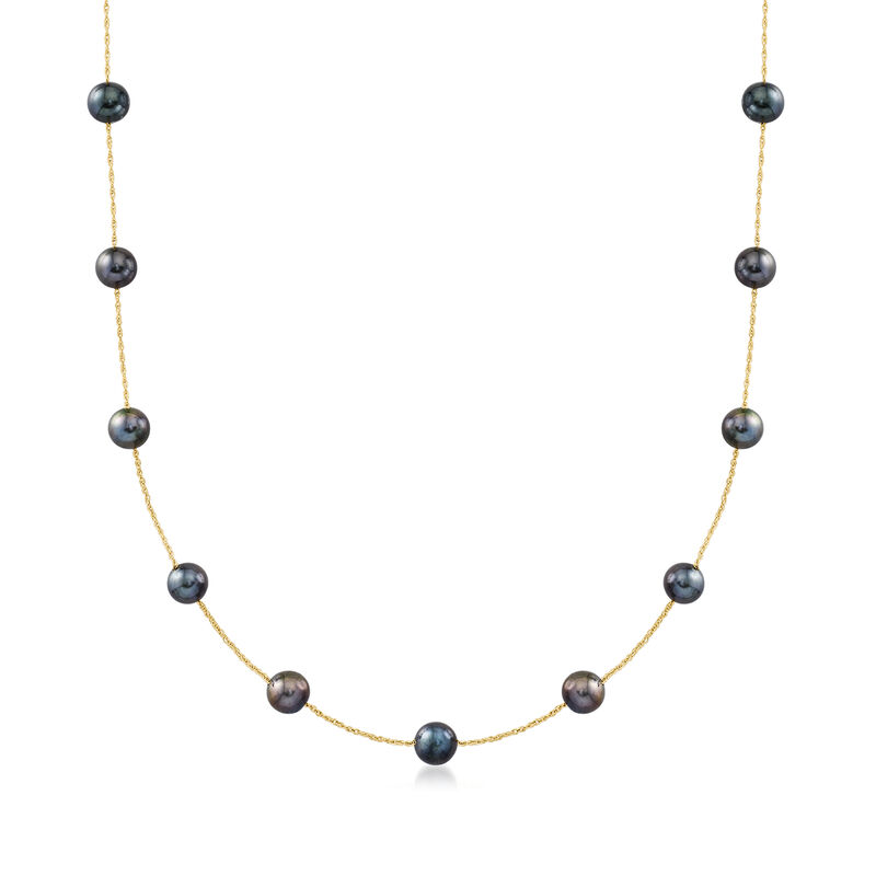 6-6.5mm Black Cultured Pearl Station Necklace in 14kt Yellow Gold image number 0