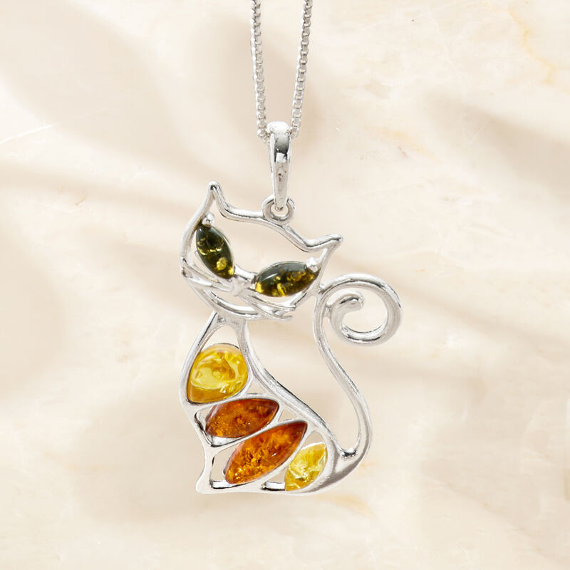 Multicolored Amber Cat Pendant Necklace in Sterling Silver image number 2
