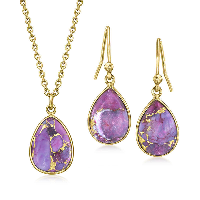 Purple Turquoise Jewelry Set: Pendant Necklace and Drop Earrings in 18kt Gold Over Sterling. 18&quot; image number 1