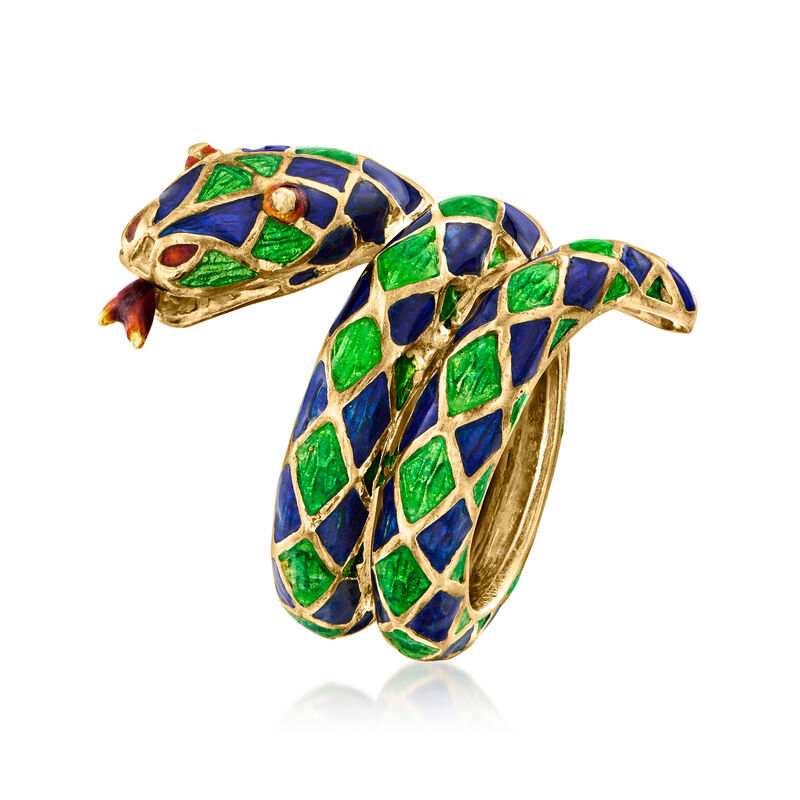 C. 1960 Vintage Blue and Green Enamel Snake Ring in 18kt Yellow Gold. Size 5.5 image number 2