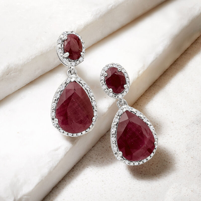 12.90 ct. t.w. Ruby and .35 ct. t.w. Diamond Drop Earrings in Sterling Silver image number 5