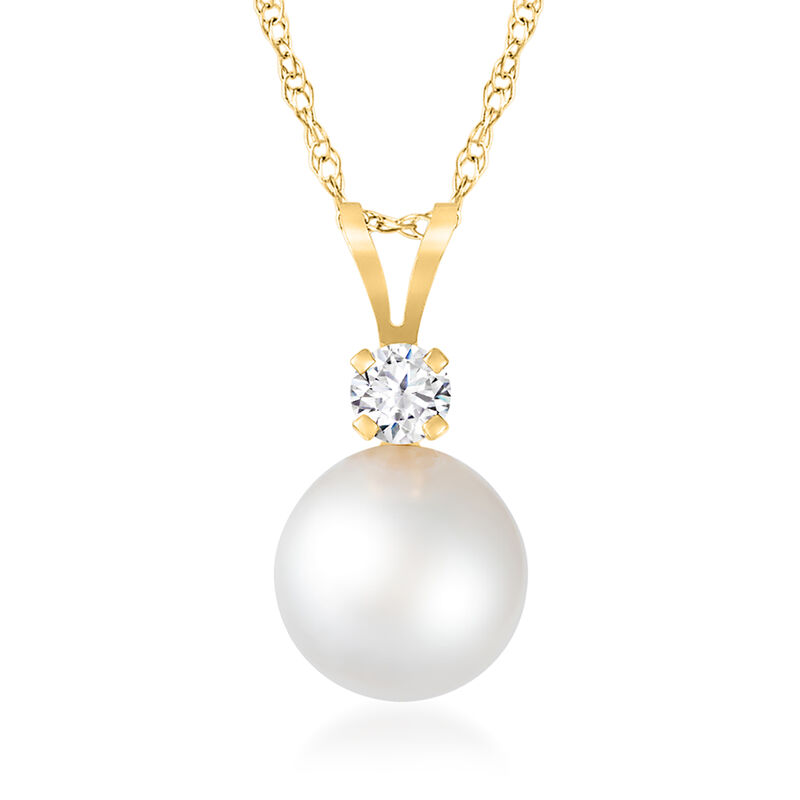 8-8.5mm Cultured Akoya Pearl Pendant Necklace with .10 Carat Diamond in 14kt Yellow Gold. 18&quot; image number 0