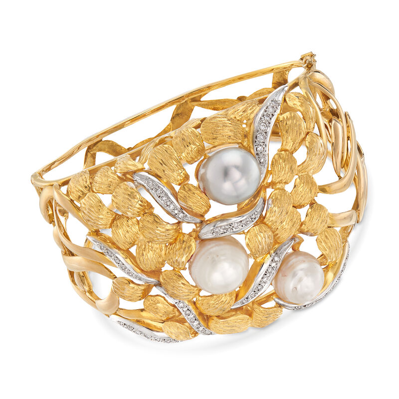 C. 1970 Vintage Cultured Pearl and .45 ct. t.w. Diamond Bangle Bracelet in 18kt Yellow Gold image number 0