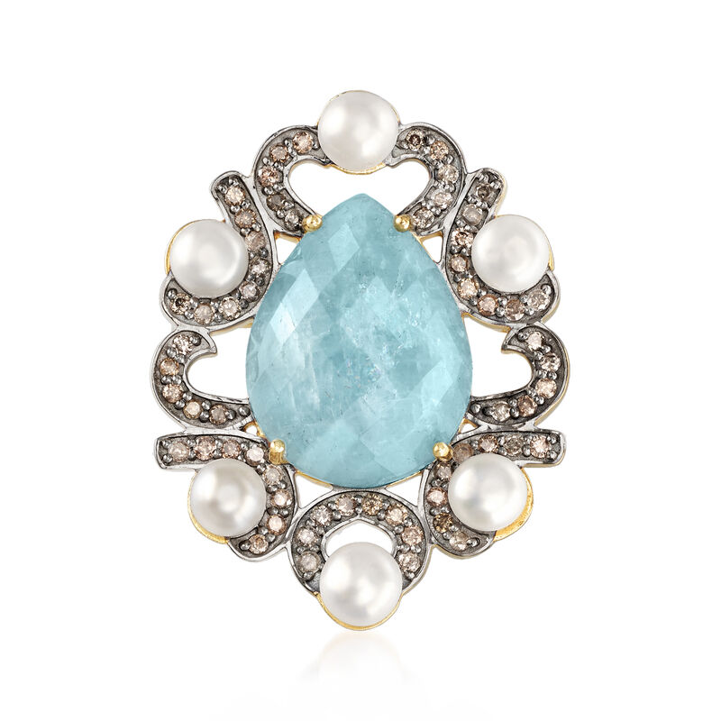 5mm Cultured Pearl, 10.00 Carat Aquamarine and 1.00 ct. t.w. Diamond Pin in 18kt Yellow Gold Over Sterling image number 0