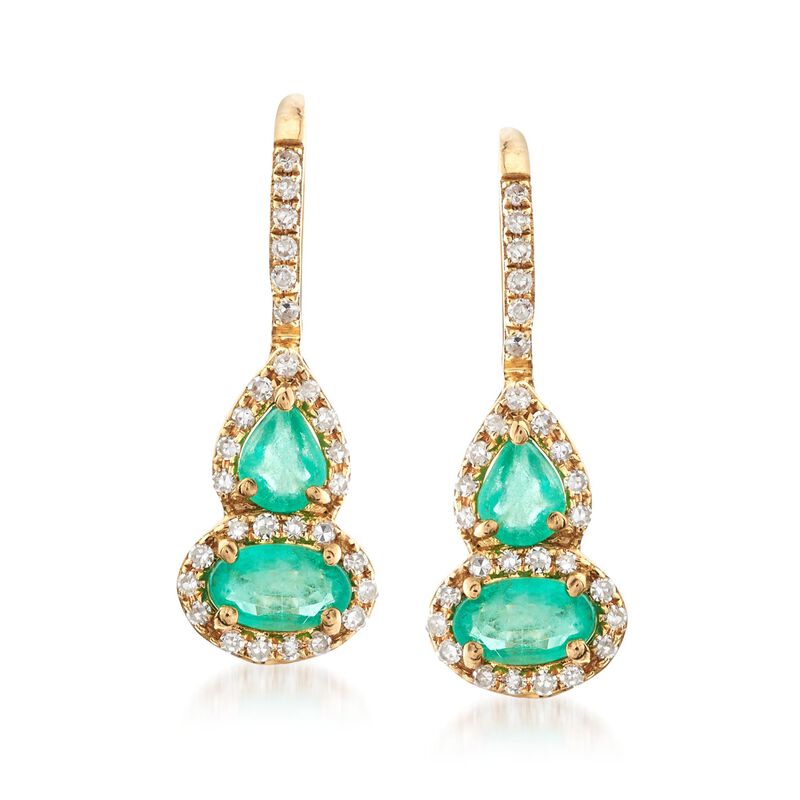.60 ct. t.w. Emerald and .15 ct. t.w. Diamond Drop Earrings in 14kt Yellow Gold image number 0