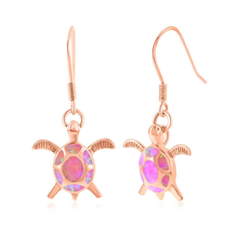 Pink Synthetic Opal Sea Turtle Drop Earrings in 18kt Rose Gold Over Sterling image number 1