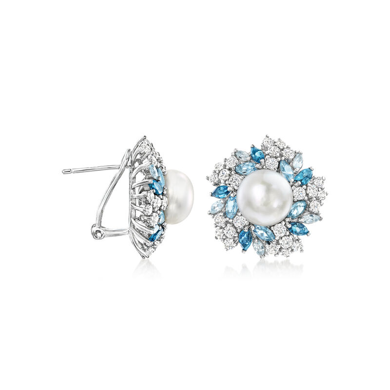 8.5-9mm Cultured Pearl and 3.70 ct. t.w. Tonal Blue and White Topaz Earrings in Sterling Silver  image number 2