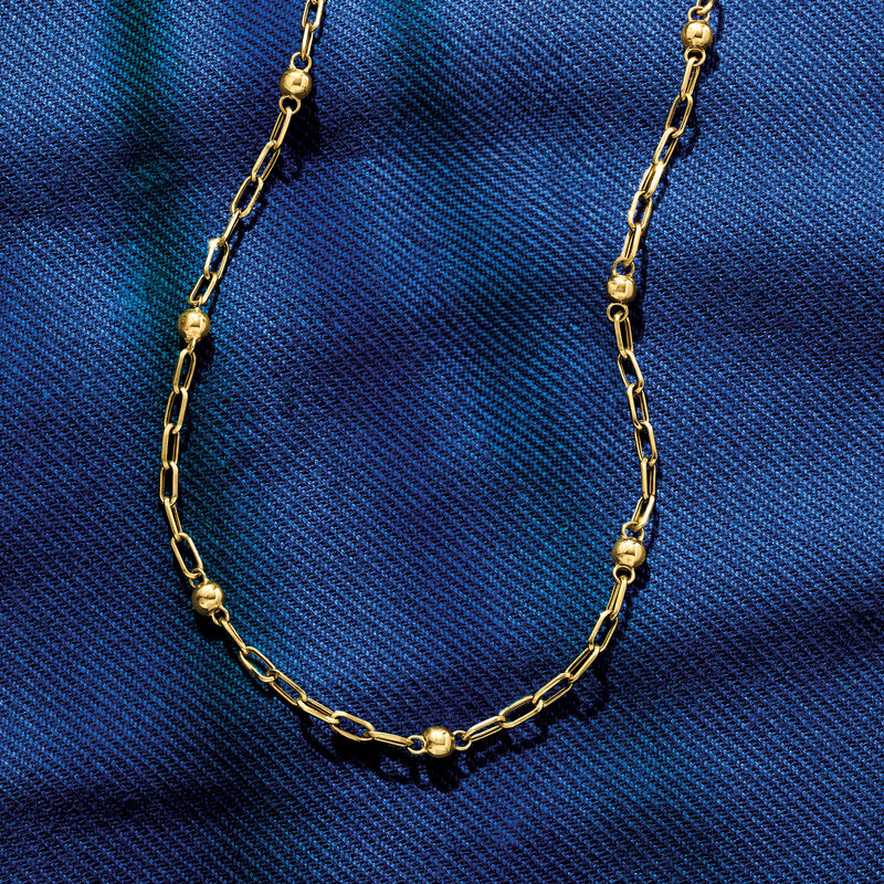 18kt Yellow Gold Bead Station Paper Clip Link Necklace image number 2