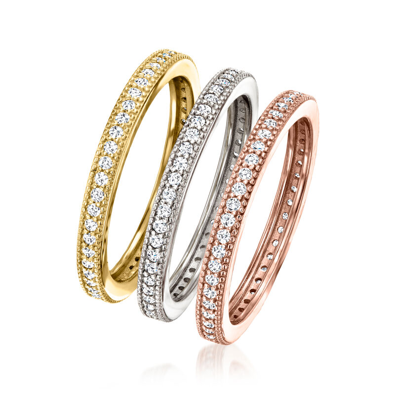 .70 ct. t.w. CZ Jewelry Set: Three Stacked Rings in Tri-Tone Sterling Silver image number 2