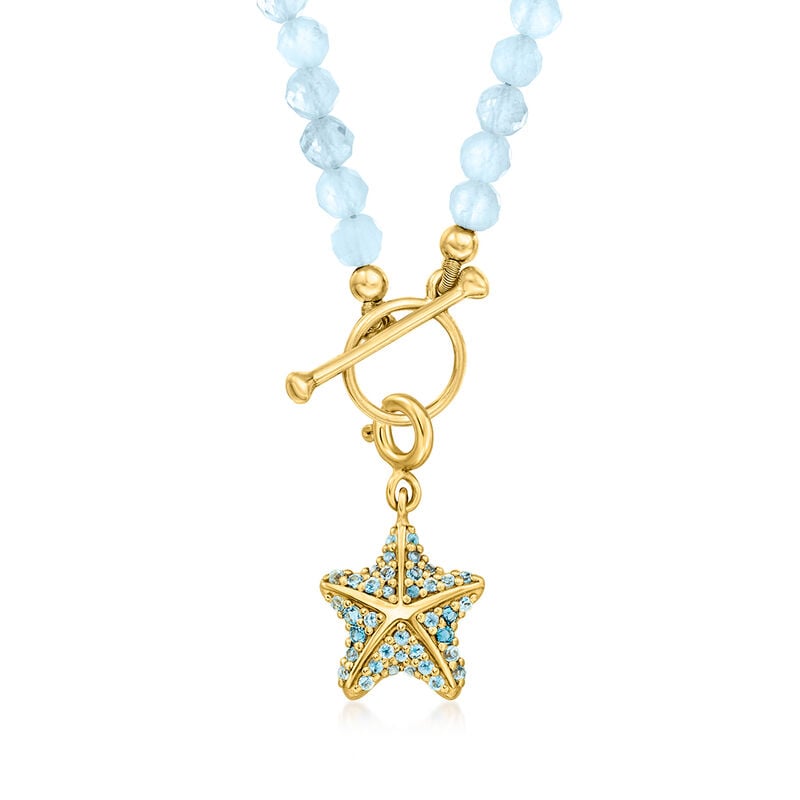 3.5-4mm Aquamarine Bead Charm-Compatible Toggle Necklace in 18kt Gold Over Sterling image number 2
